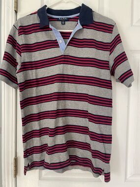 Brooks Brothers Gray Polo with Navy & Red Stripes